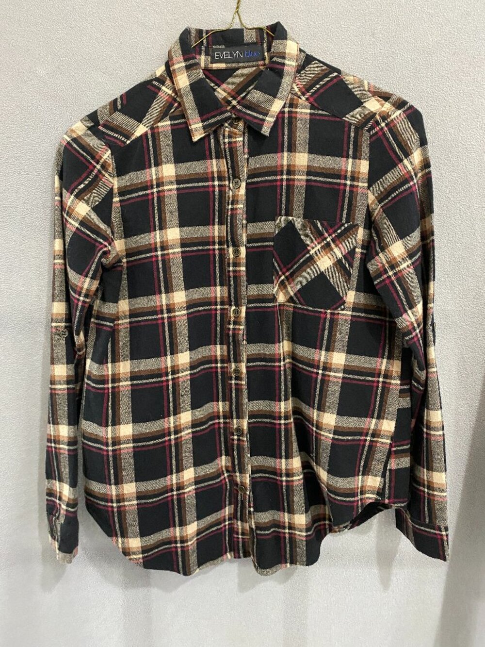 Evelyn Blue Plaid Button Front Shirt Medium Black Burgundy Cotton Rayon Flannel